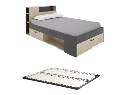 Lit avec tête de lit rangements et tiroirs - 120 x 190cm - Coloris : Naturel et anthracite + Sommier - LEANDRE