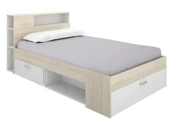 Lit avec tête de lit rangements et tiroir - 120 x 190 cm - Coloris : Naturel et blanc - LEANDRE