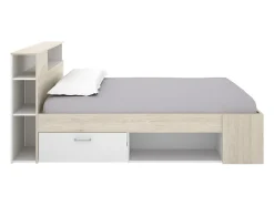 Lit avec tête de lit rangements et tiroir - 120 x 190 cm - Coloris : Naturel et blanc - LEANDRE