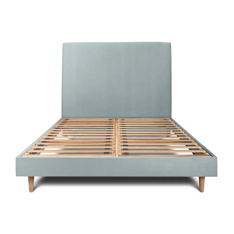 Lit avec tête de lit tapissier velours et sommier kit - Lit en bois massif