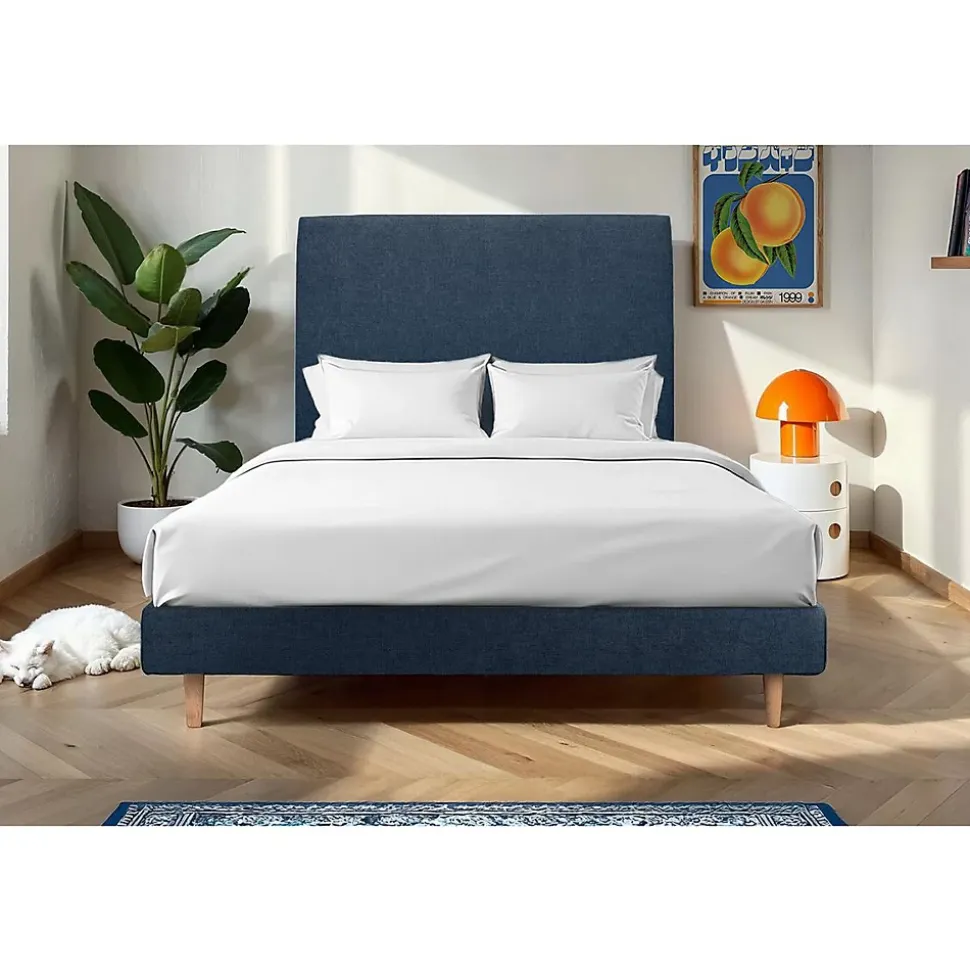 Lit avec tête de lit tapissier tissu et sommier kit - Lit en bois massif