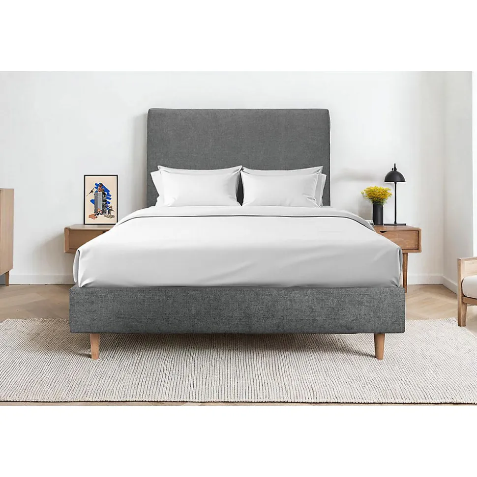 Lit avec tête de lit tapissier tissu et sommier tapissier - Lit en bois massif