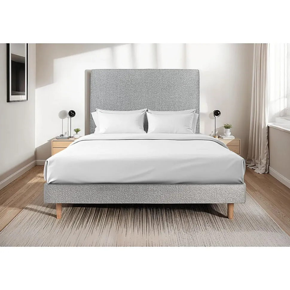 Lit avec tête de lit tapissier bouclette et sommier kit - Lit en bois massif