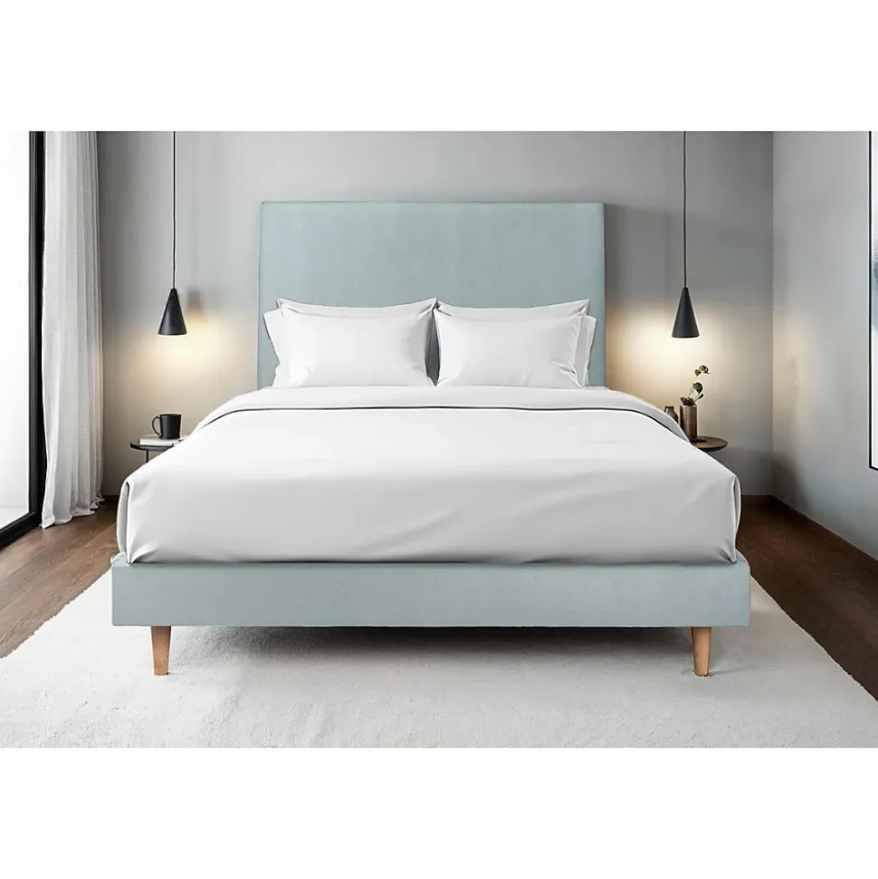 Lit avec tête de lit tapissier velours et sommier kit - Lit en bois massif