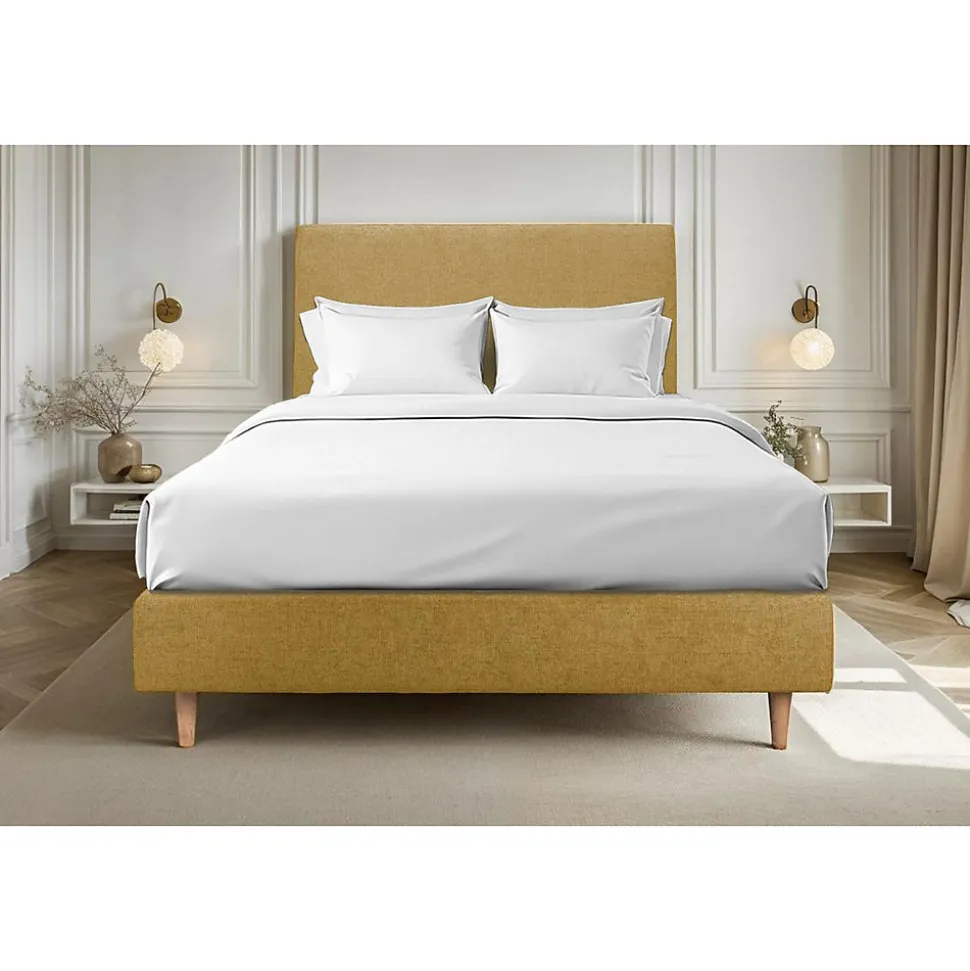 Lit avec tête de lit tapissier tissu et sommier tapissier - Lit en bois massif