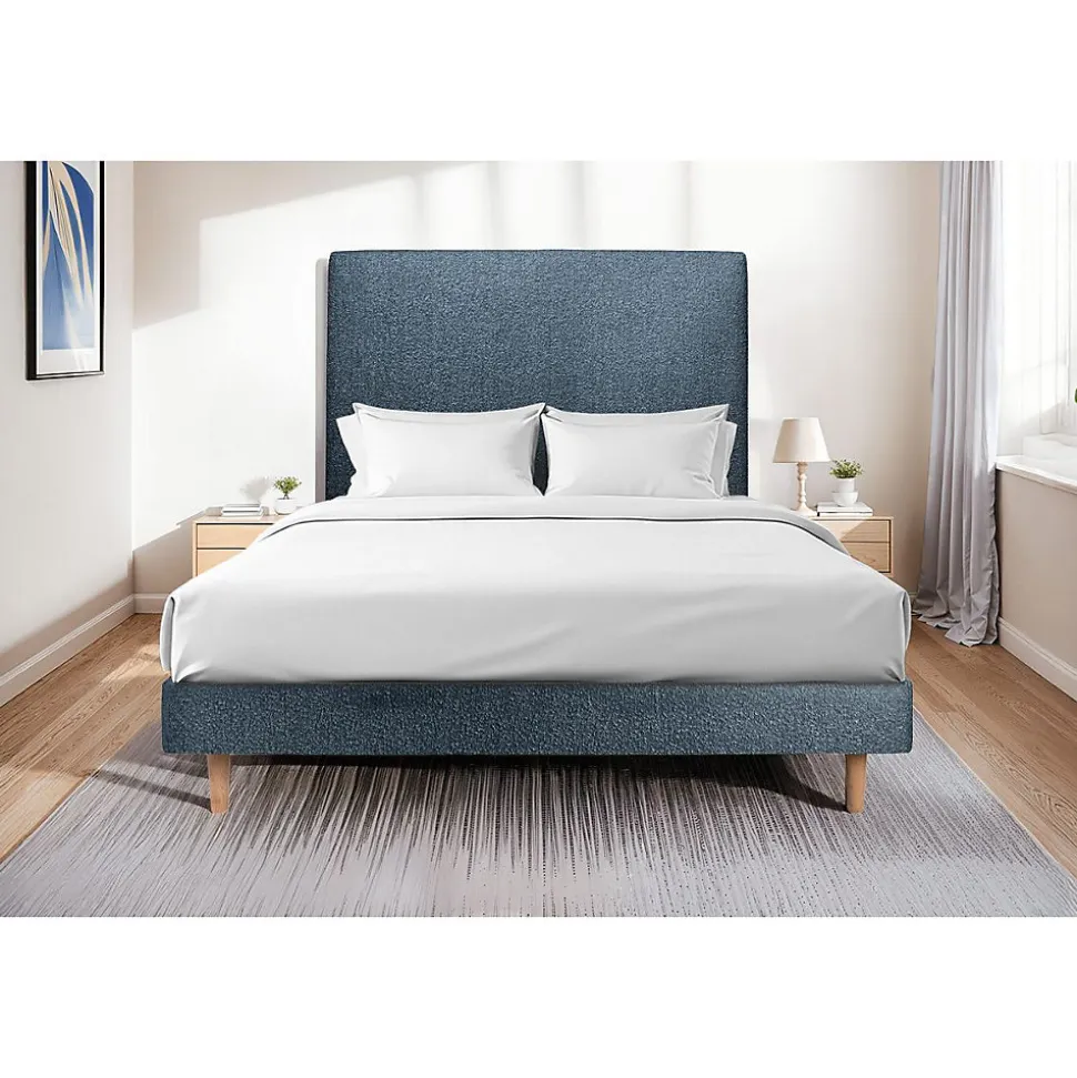 Lit avec tête de lit tapissier bouclette et sommier kit - Lit en bois massif