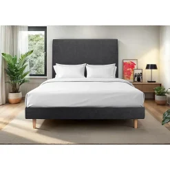 Lit avec tête de lit tapissier tissu et sommier kit - Lit en bois massif