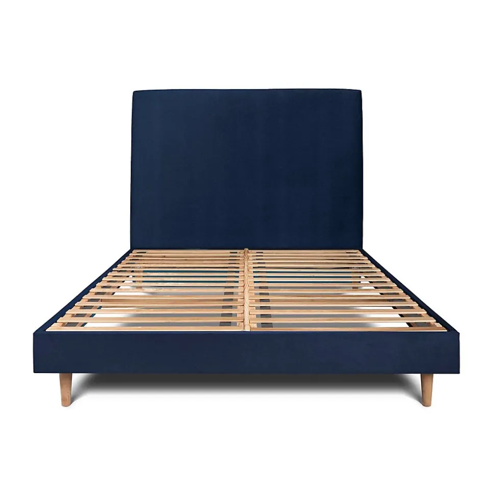 Lit avec tête de lit tapissier velours et sommier kit - Lit en bois massif