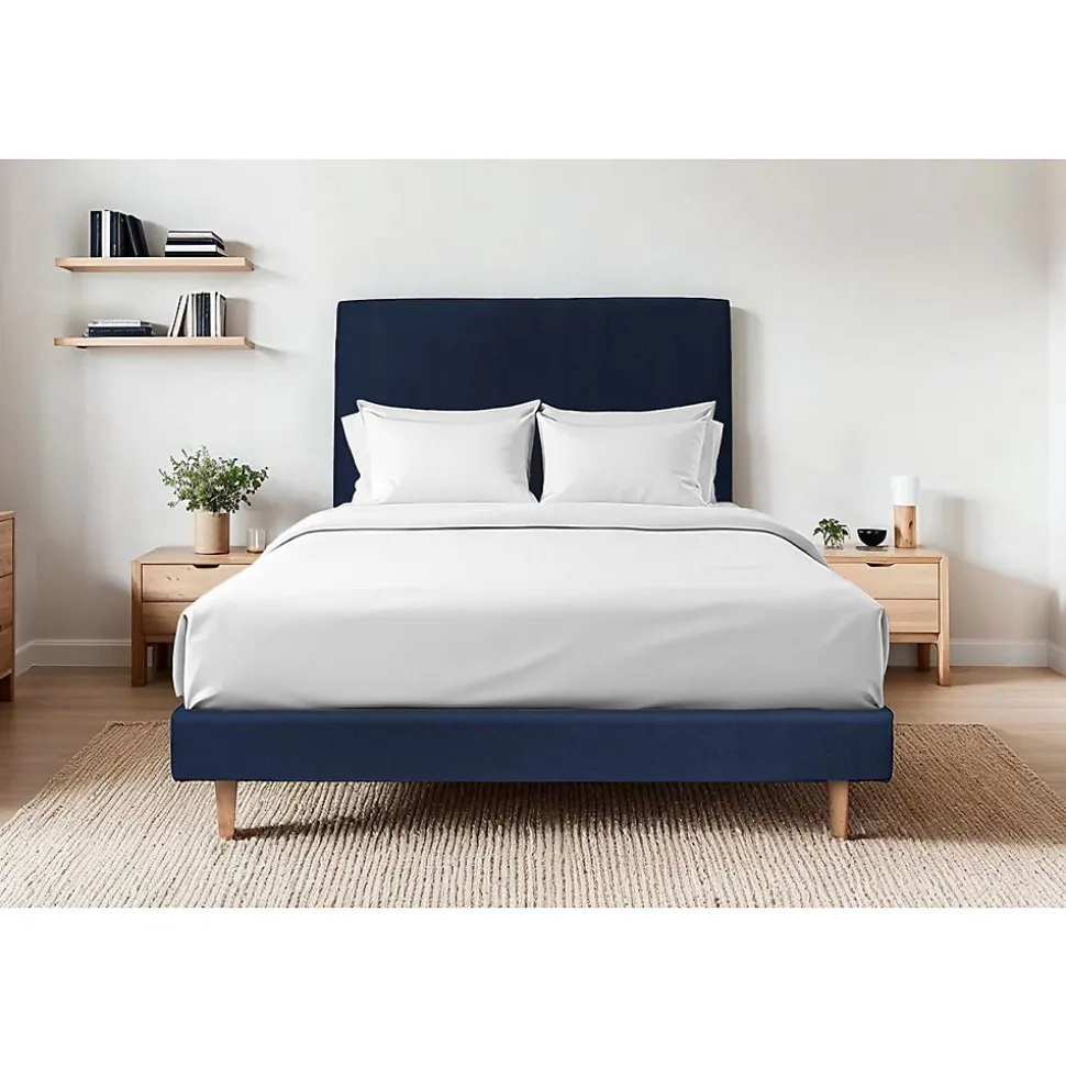 Lit avec tête de lit tapissier velours et sommier kit - Lit en bois massif