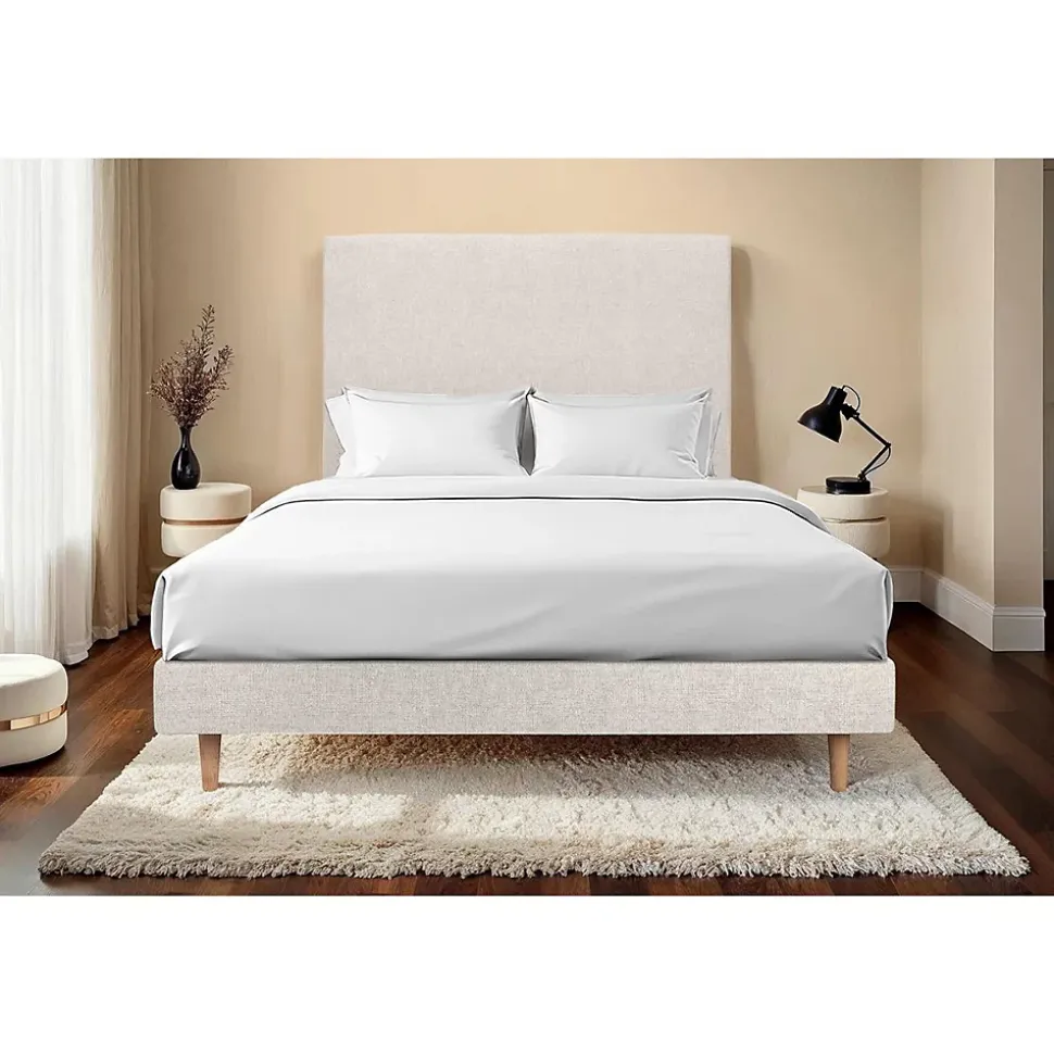 Lit avec tête de lit tapissier tissu et sommier kit - Lit en bois massif