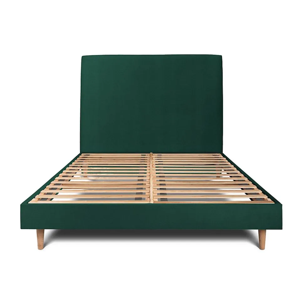 Lit avec tête de lit tapissier velours et sommier kit - Lit en bois massif