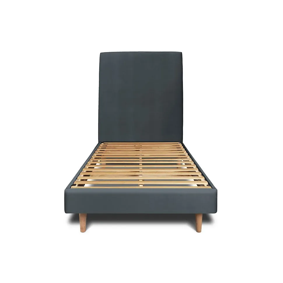 Lit avec tête de lit tapissier velours et sommier kit - Lit en bois massif