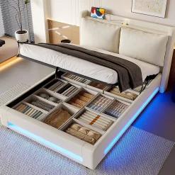 Lit baldaquin velours 140x200 cm, tête de lit élégante, ports USB-C, LED ambiance, rangement - moderne