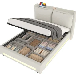 Lit baldaquin velours 140x200 cm, tête de lit élégante, ports USB-C, LED ambiance, rangement - moderne