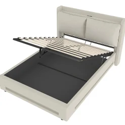 Lit baldaquin velours 140x200 cm, tête de lit élégante, ports USB-C, LED ambiance, rangement - moderne