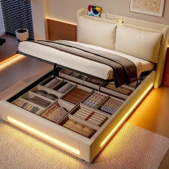 Lit baldaquin velours 140x200 cm, tête de lit élégante, ports USB-C, LED ambiance, rangement - moderne