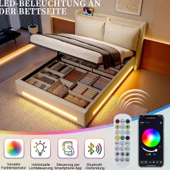 Lit baldaquin velours 140x200 cm, tête de lit élégante, ports USB-C, LED ambiance, rangement - moderne