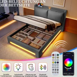 Lit baldaquin velours 160x200 cm, tête de lit élégante, ports USB-C, LED ambiance, rangement - moderne