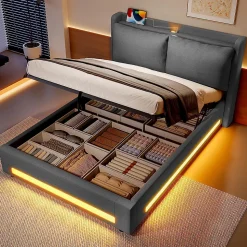 Lit baldaquin velours 160x200 cm, tête de lit élégante, ports USB-C, LED ambiance, rangement - moderne