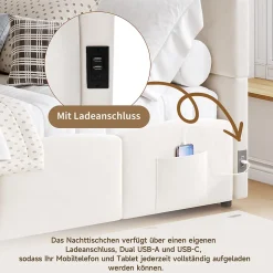 Lit Banquette enfant 90x200 cm - Rembourré Velours avec Prise USB et Rangement Latéral - Sans Matelas - Beige