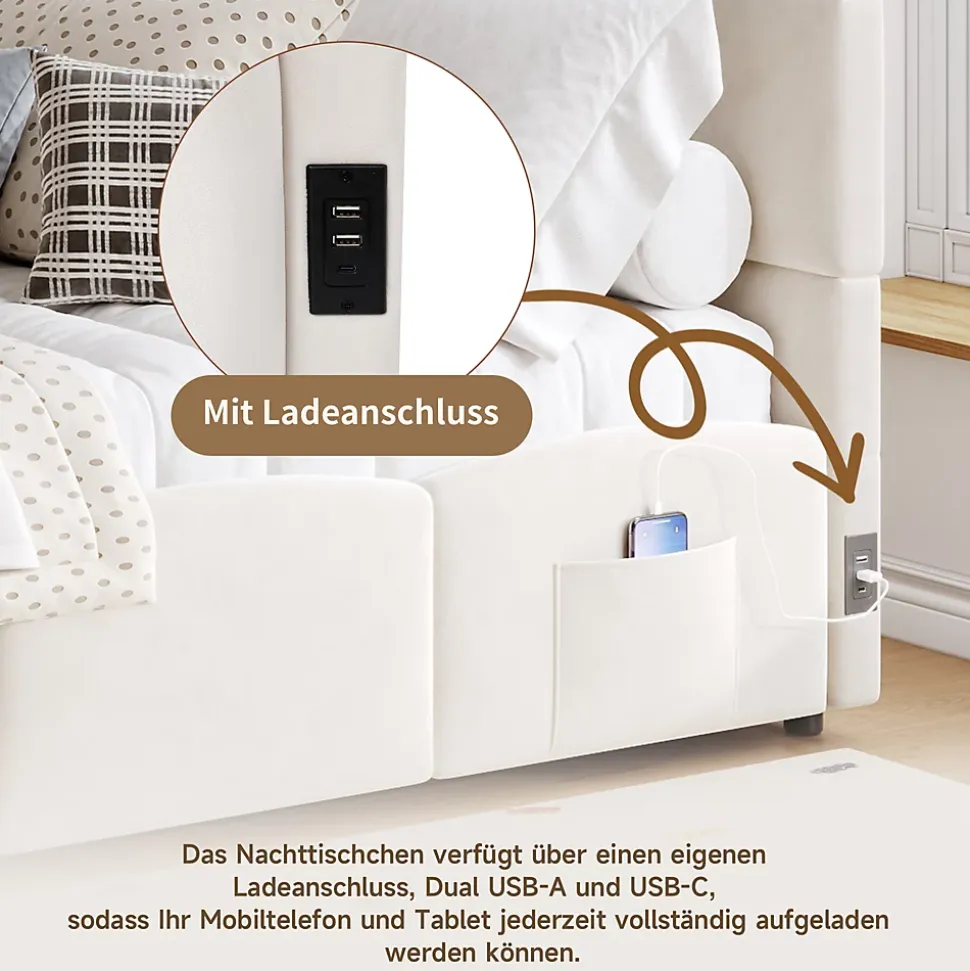 Lit Banquette enfant 90x200 cm - Rembourré Velours avec Prise USB et Rangement Latéral - Sans Matelas - Beige