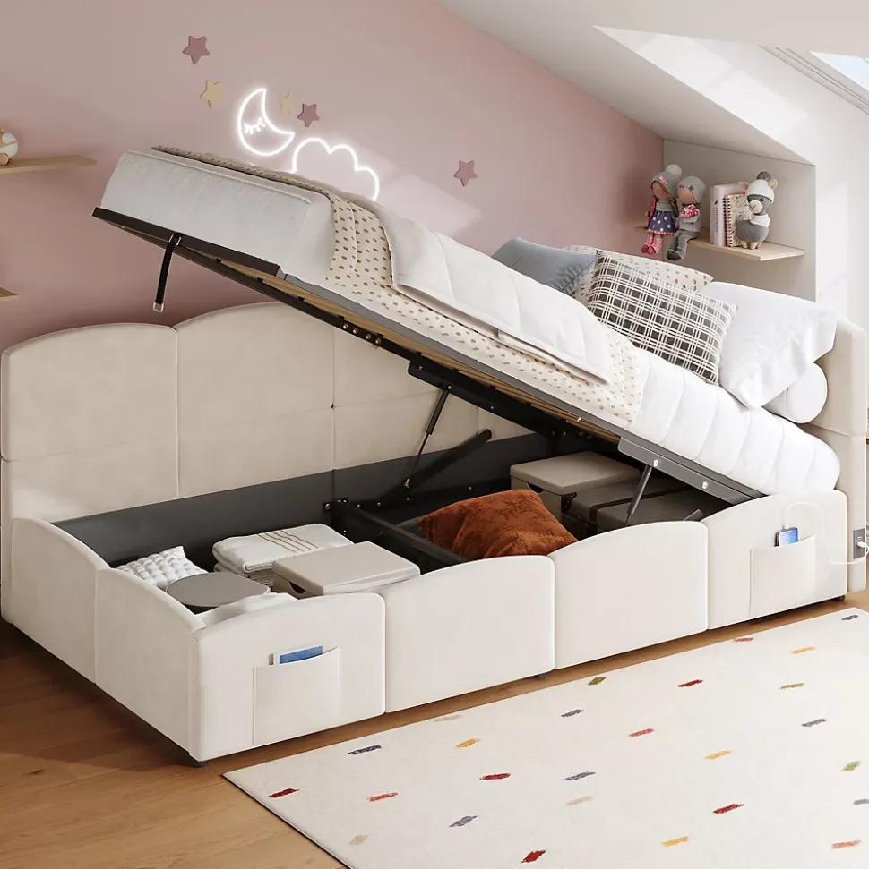 Lit Banquette enfant 90x200 cm - Rembourré Velours avec Prise USB et Rangement Latéral - Sans Matelas - Beige