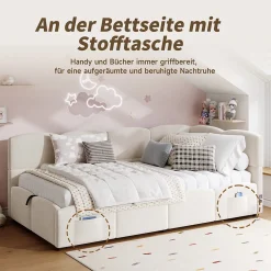 Lit Banquette enfant 90x200 cm - Rembourré Velours avec Prise USB et Rangement Latéral - Sans Matelas - Beige