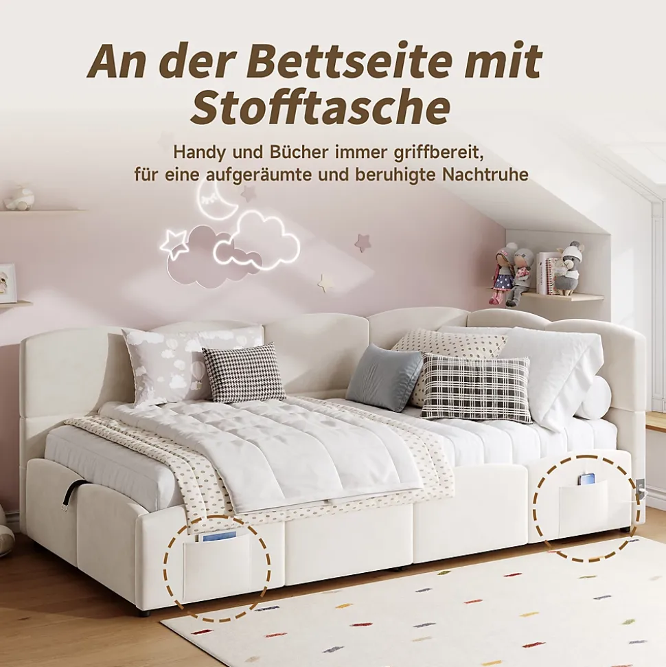 Lit Banquette enfant 90x200 cm - Rembourré Velours avec Prise USB et Rangement Latéral - Sans Matelas - Beige