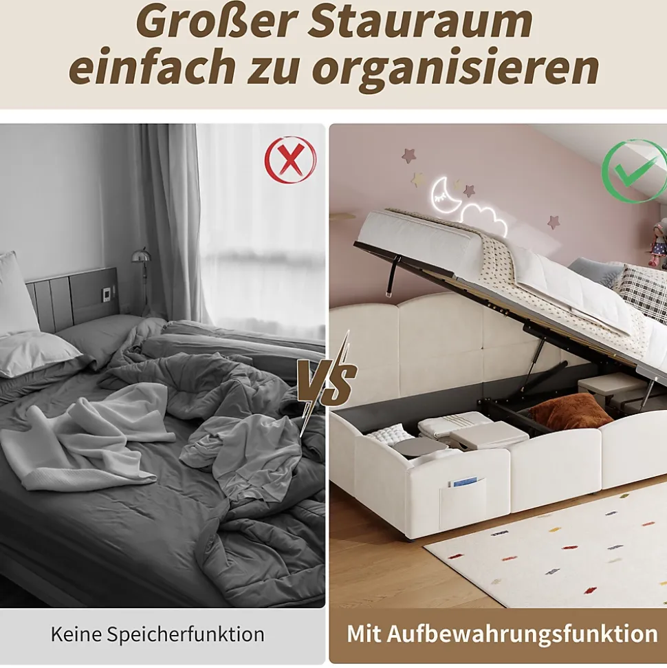 Lit Banquette enfant 90x200 cm - Rembourré Velours avec Prise USB et Rangement Latéral - Sans Matelas - Beige