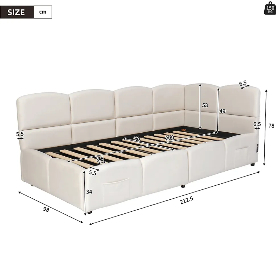 Lit Banquette enfant 90x200 cm - Rembourré Velours avec Prise USB et Rangement Latéral - Sans Matelas - Beige