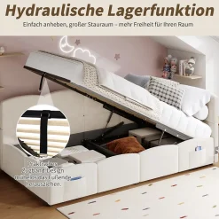 Lit Banquette enfant 90x200 cm - Rembourré Velours avec Prise USB et Rangement Latéral - Sans Matelas - Beige