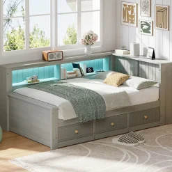 Lit Banquette Simple 90x200 cm - avec Rangement Intégré, 3 Tiroirs et Étagères, MDF et Contreplaqué, Gris, sans Matelas