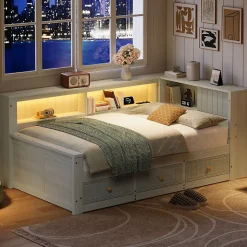 Lit Banquette Simple 90x200 cm - avec Rangement Intégré, 3 Tiroirs et Étagères, MDF et Contreplaqué, Gris, sans Matelas