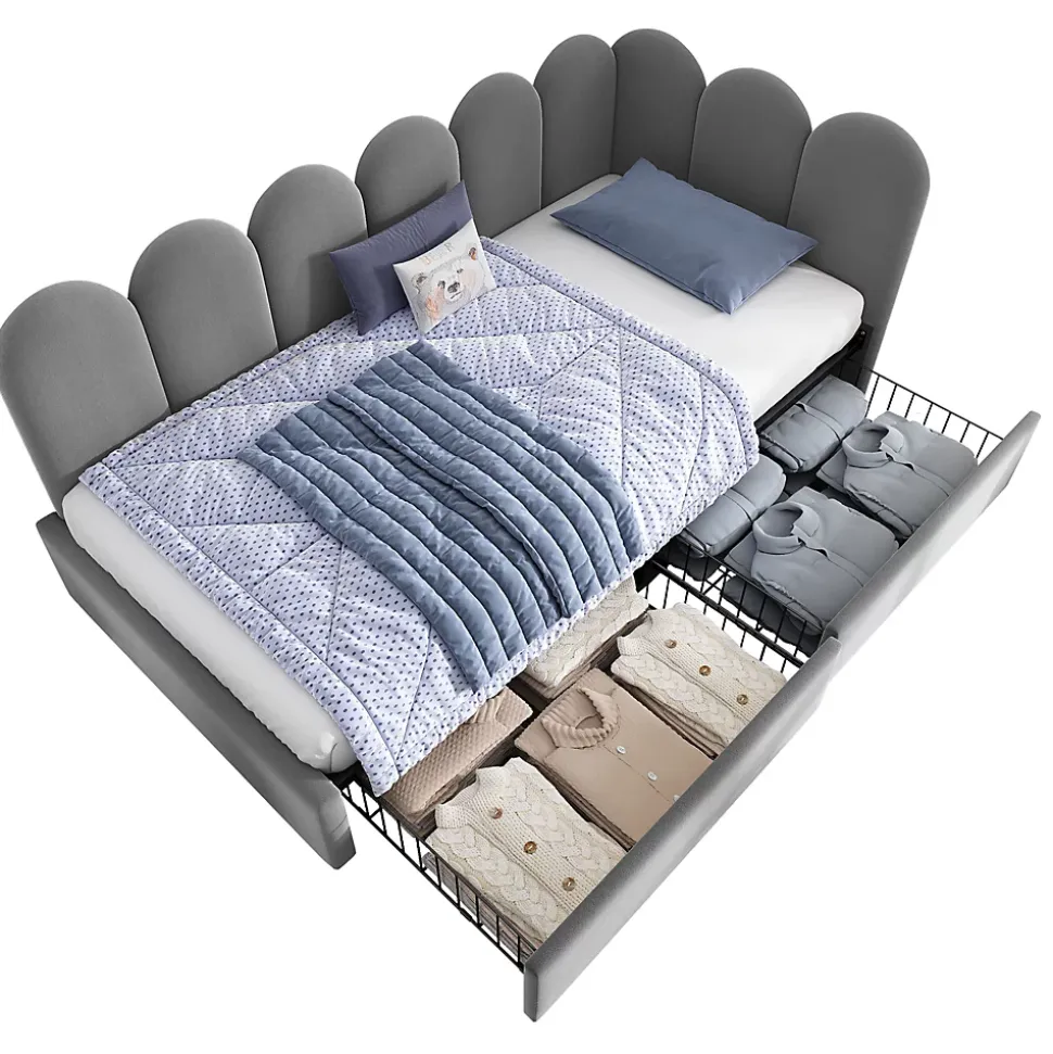 Lit Banquette 90x200 cm - Lit Enfant Capitonné avec 2 Tiroirs de Rangement et Sommier à Lattes, en Velours - sans Matelas - Gris