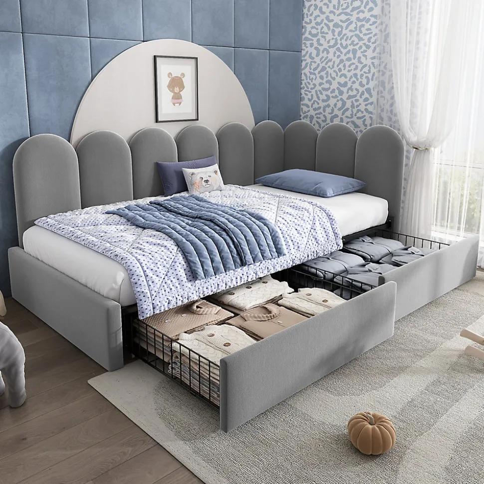 Lit Banquette 90x200 cm - Lit Enfant Capitonné avec 2 Tiroirs de Rangement et Sommier à Lattes, en Velours - sans Matelas - Gris