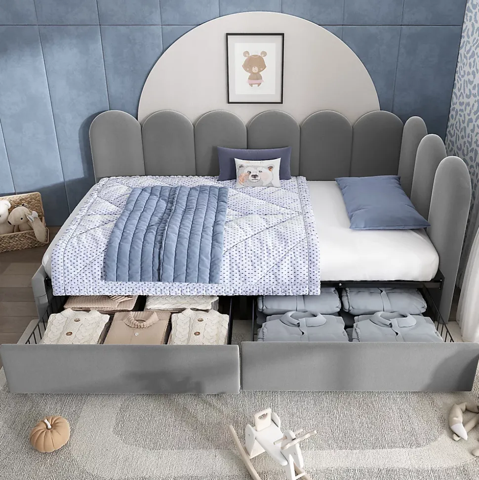Lit Banquette 90x200 cm - Lit Enfant Capitonné avec 2 Tiroirs de Rangement et Sommier à Lattes, en Velours - sans Matelas - Gris
