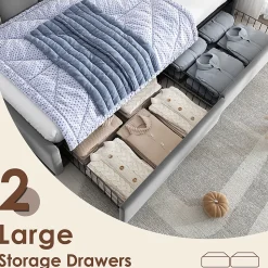 Lit Banquette 90x200 cm - Lit Enfant Capitonné avec 2 Tiroirs de Rangement et Sommier à Lattes, en Velours - sans Matelas - Gris