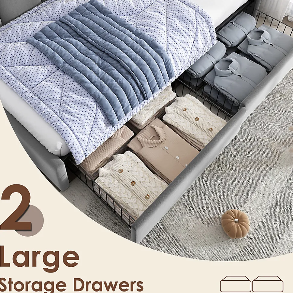 Lit Banquette 90x200 cm - Lit Enfant Capitonné avec 2 Tiroirs de Rangement et Sommier à Lattes, en Velours - sans Matelas - Gris