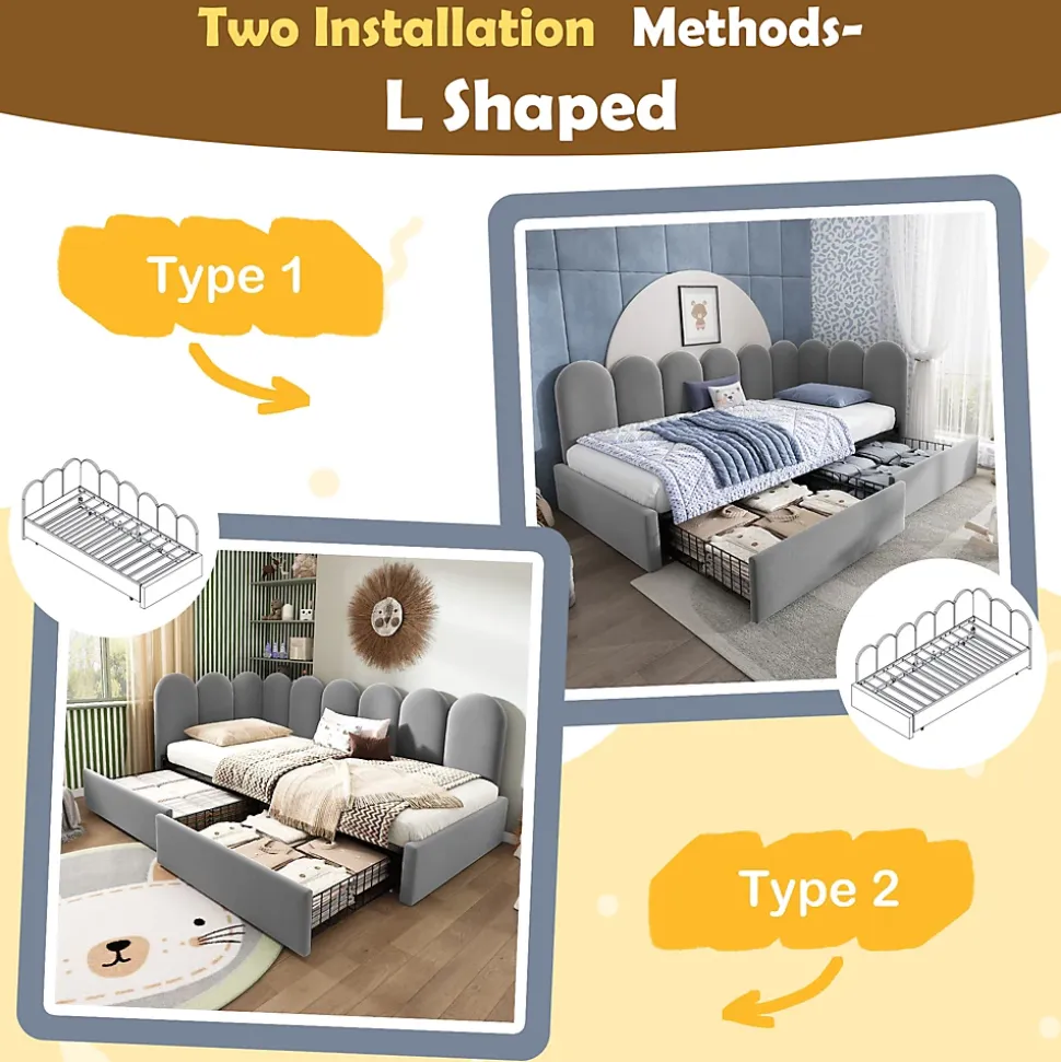 Lit Banquette 90x200 cm - Lit Enfant Capitonné avec 2 Tiroirs de Rangement et Sommier à Lattes, en Velours - sans Matelas - Gris