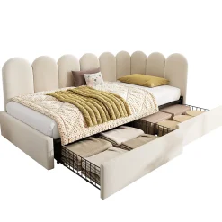 Lit Banquette 90x200 cm - Lit Enfant Capitonné avec 2 Tiroirs de Rangement et Sommier à Lattes, en Velours - sans Matelas - Beige