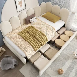 Lit Banquette 90x200 cm - Lit Enfant Capitonné avec 2 Tiroirs de Rangement et Sommier à Lattes, en Velours - sans Matelas - Beige