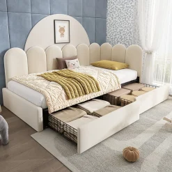 Lit Banquette 90x190 cm - Lit Enfant Capitonné avec 2 Tiroirs de Rangement et Sommier à Lattes, en Velours - sans Matelas - Beige