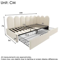 Lit Banquette 90x190 cm - Lit Enfant Capitonné avec 2 Tiroirs de Rangement et Sommier à Lattes, en Velours - sans Matelas - Beige