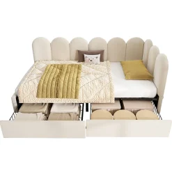 Lit Banquette 90x190 cm - Lit Enfant Capitonné avec 2 Tiroirs de Rangement et Sommier à Lattes, en Velours - sans Matelas - Beige