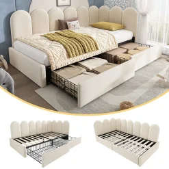 Lit Banquette 90x190 cm - Lit Enfant Capitonné avec 2 Tiroirs de Rangement et Sommier à Lattes, en Velours - sans Matelas - Beige
