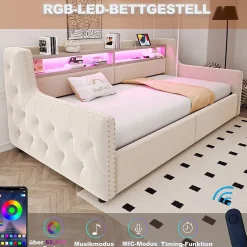 Lit Banquette 90x200 cm en Velours avec Éclairage LED, Prise Électrique et Ports USB - Sans Matelas - Beige