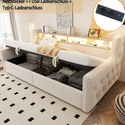 Lit Banquette 90x200 cm en Velours avec Éclairage LED, Prise Électrique et Ports USB - Sans Matelas - Beige