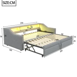 Lit banquette 90x200+180x200 cm gigogne avec rangement, éclairage LED, prise USB, structure lin métal MDF gris clair sans matelas