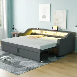Lit banquette 90x200+180x200 cm gigogne avec rangement, éclairage LED, prise USB, structure lin métal MDF gris foncé sans matelas