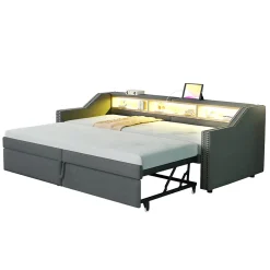 Lit banquette 90x200+180x200 cm gigogne avec rangement, éclairage LED, prise USB, structure lin métal MDF gris foncé sans matelas